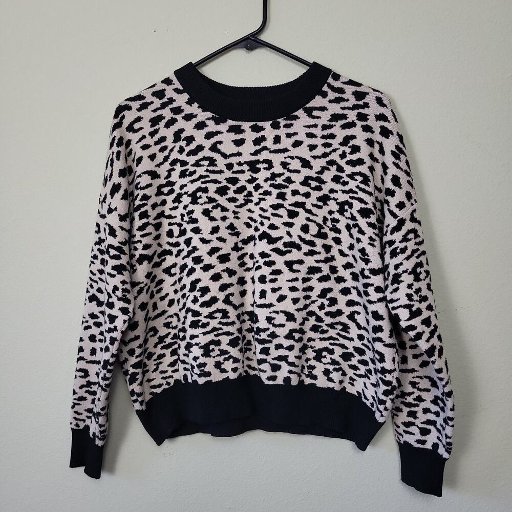 Ttahari Womens White Black Leopard Long Sleeve Crew Neck Pullover Sweater Size L